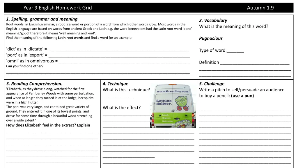 year 9 english homework grid 1