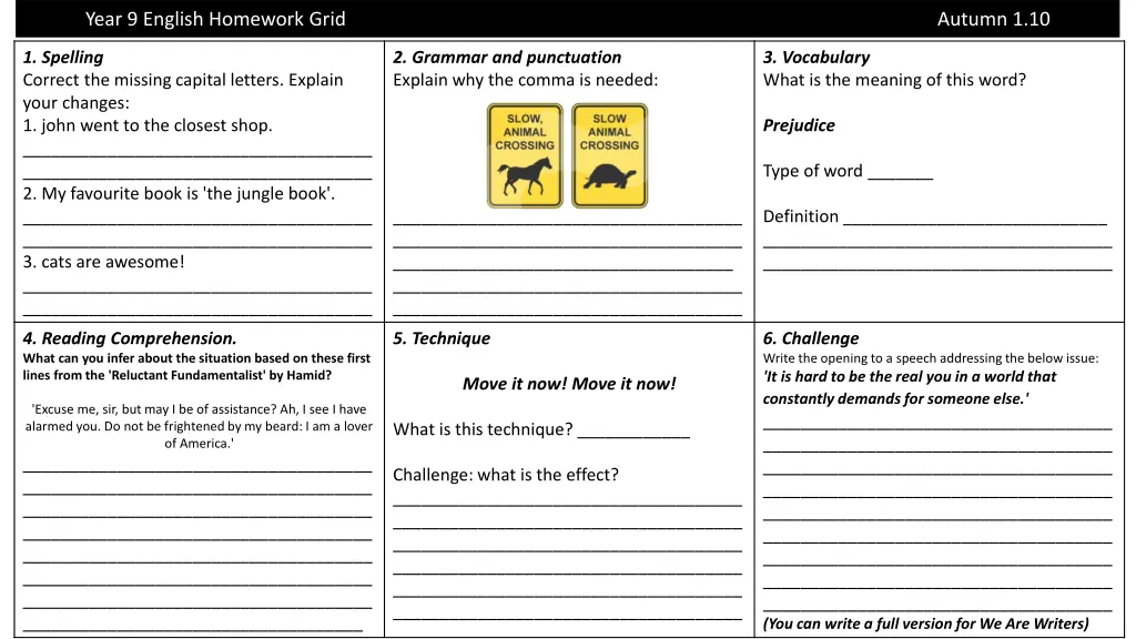 year 9 english homework grid 2