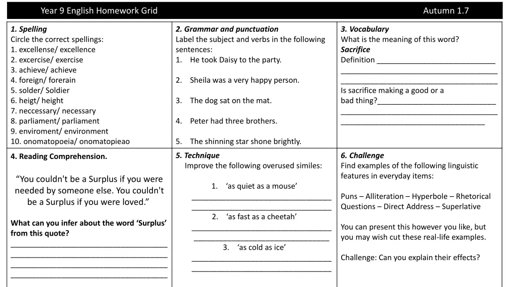 year 9 english homework grid