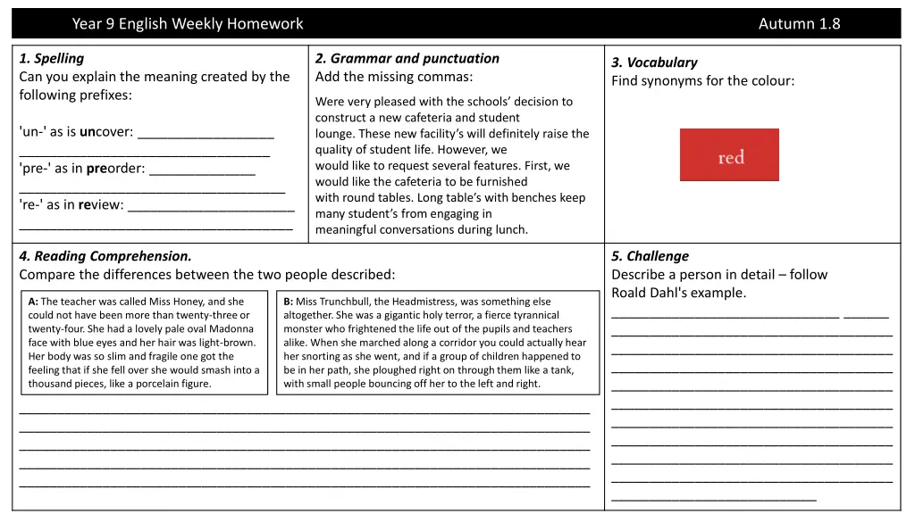 year 9 english weekly homework 1