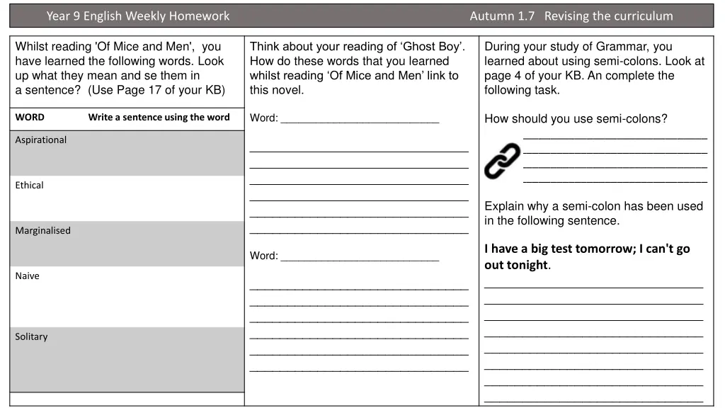 year 9 english weekly homework autumn 2