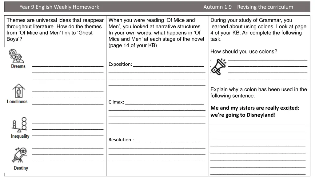 year 9 english weekly homework autumn 3