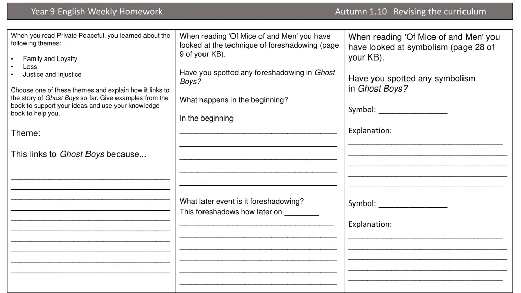year 9 english weekly homework autumn 4