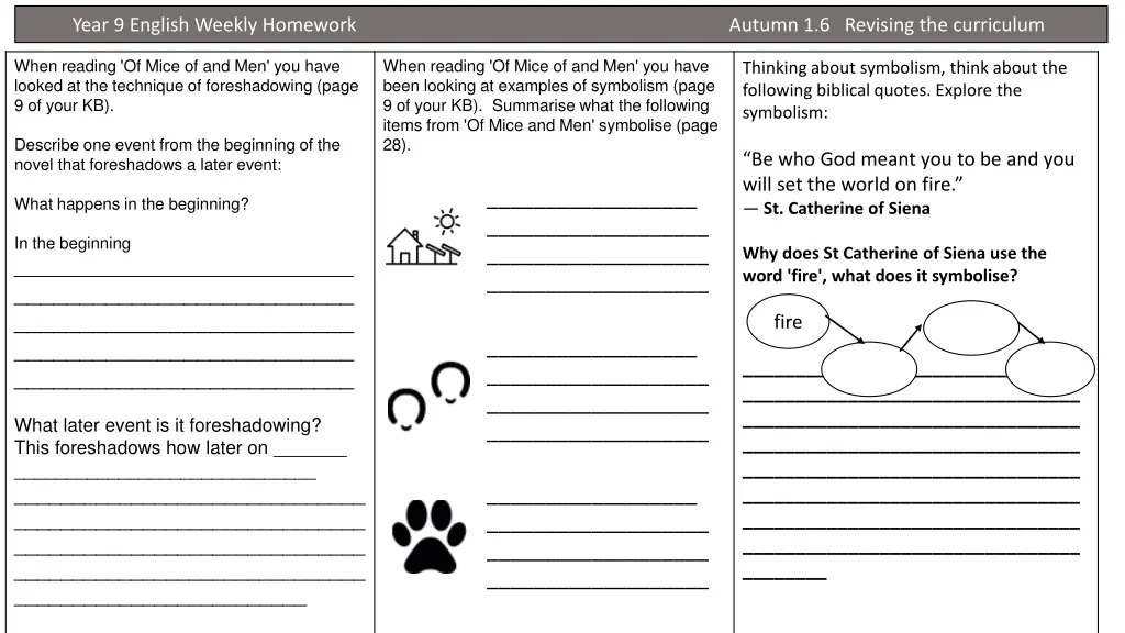 year 9 english weekly homework autumn