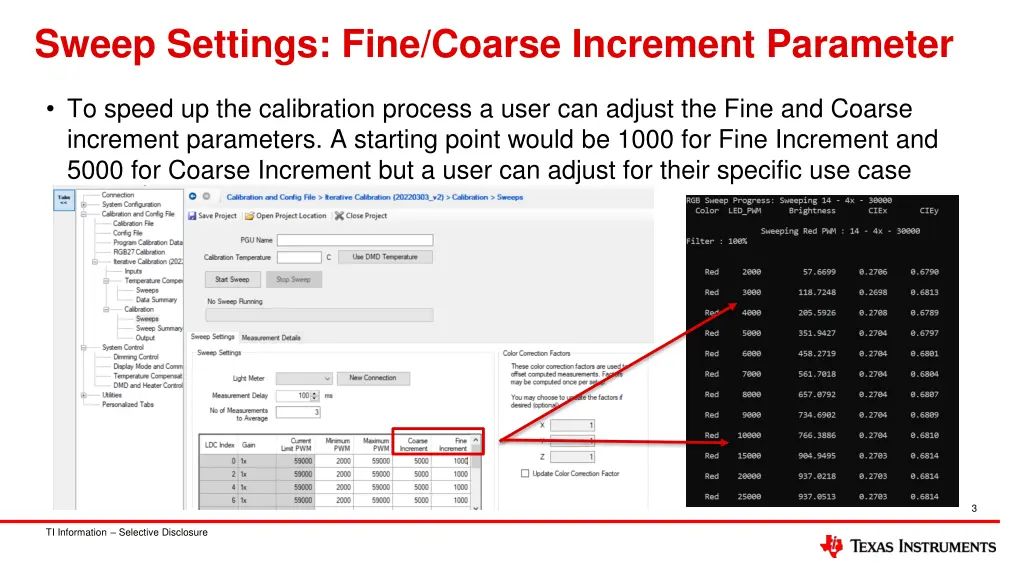 sweep settings fine coarse increment parameter