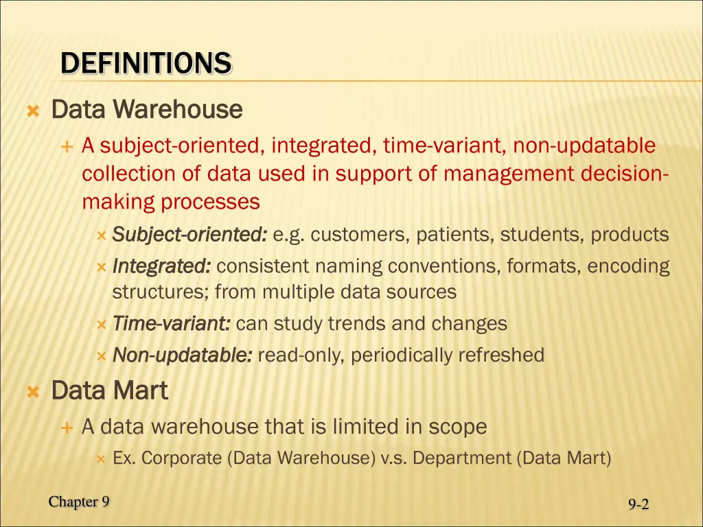definitions data warehouse a subject oriented