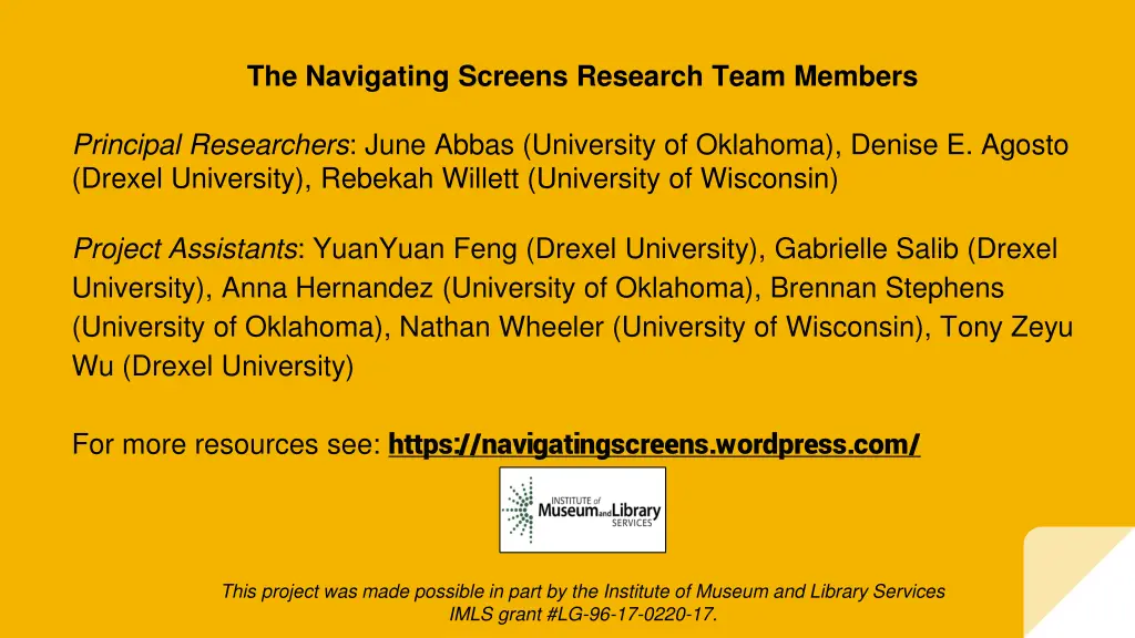 the navigating screens research team members