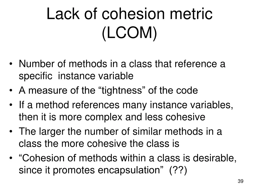 lack of cohesion metric lcom