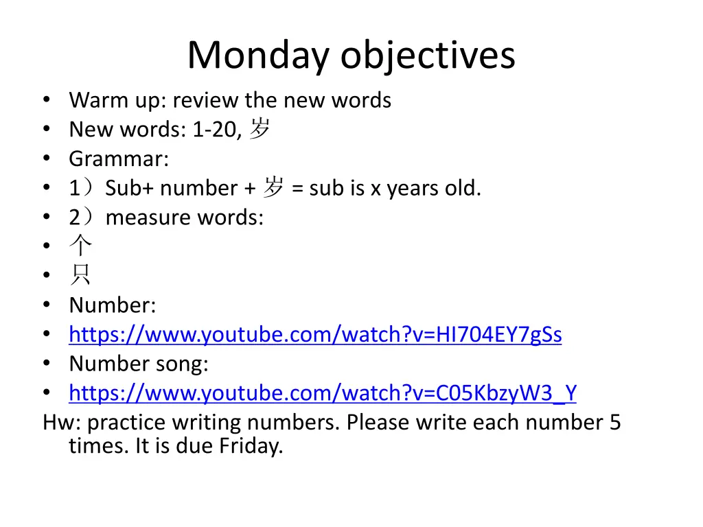 monday objectives warm up review the new words