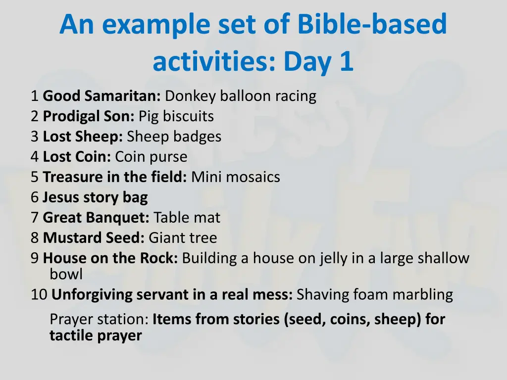an example set of bible based activities day 1
