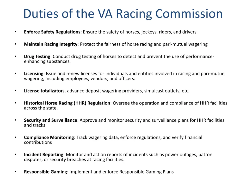 duties of the va racing commission