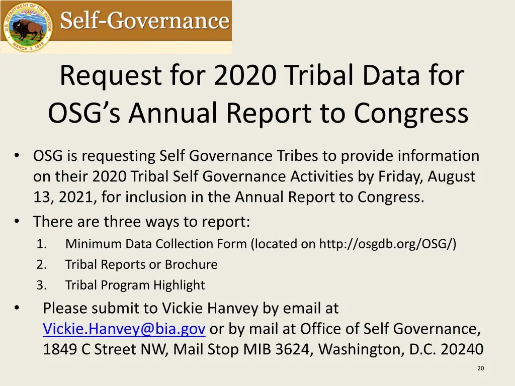request for 2020 tribal data for osg s annual
