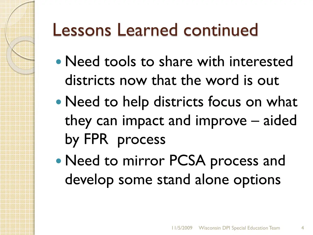 lessons learned continued