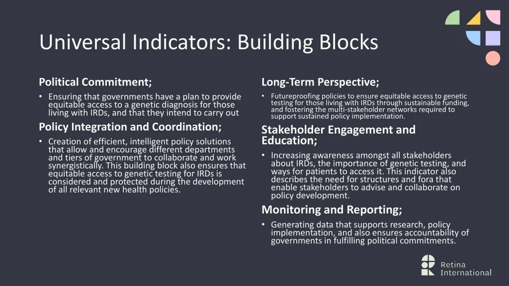 universal indicators building blocks