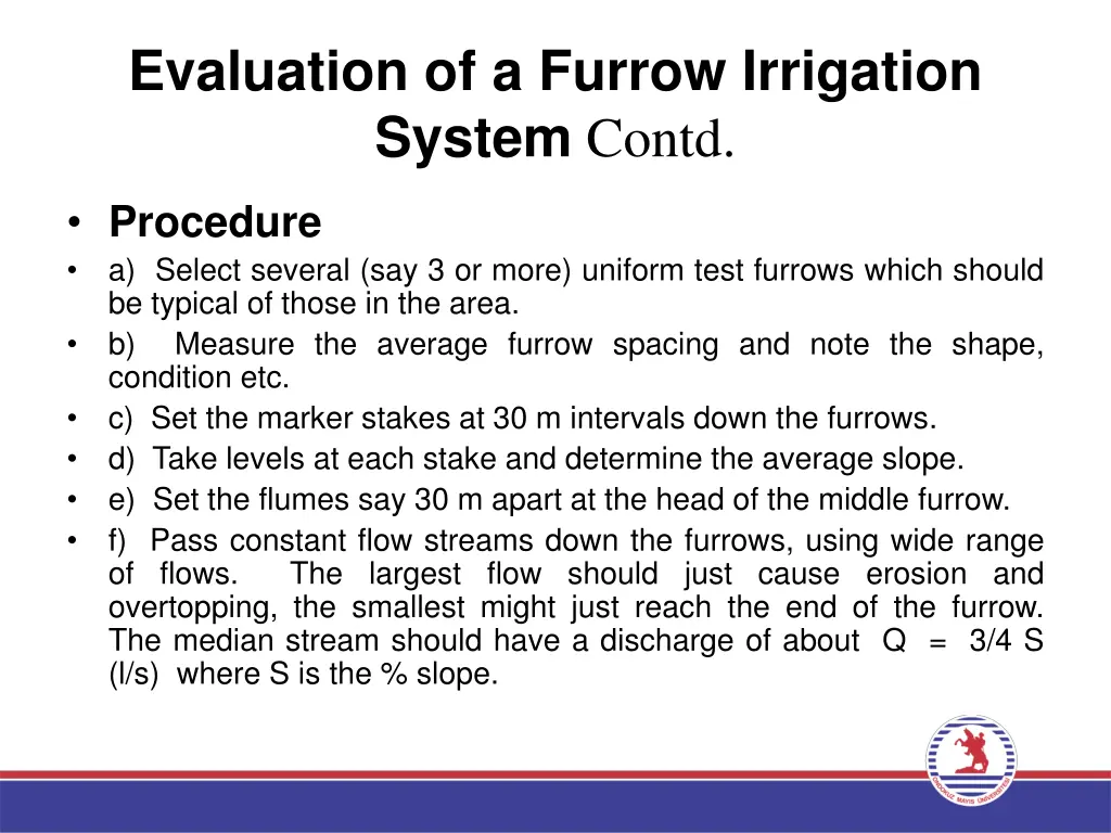 evaluation of a furrow irrigation system contd