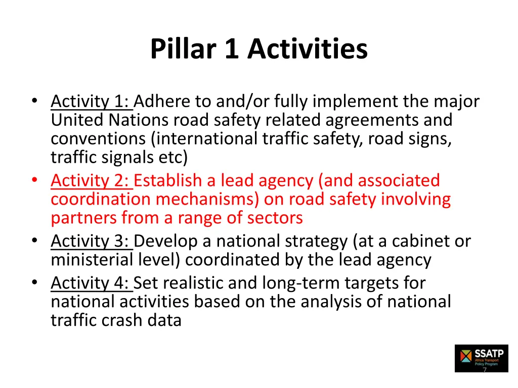 pillar 1 activities