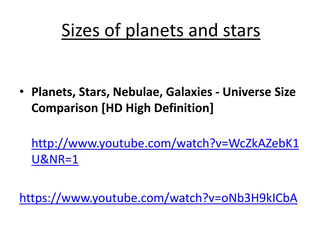 sizes of planets and stars