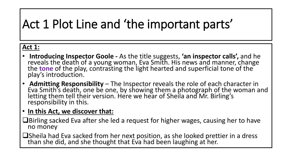 act 1 plot line and the important parts 1