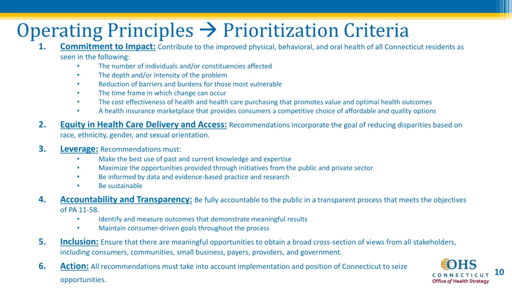 operating principles prioritization criteria