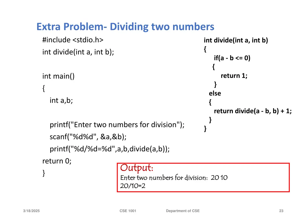 extra problem dividing two numbers include stdio
