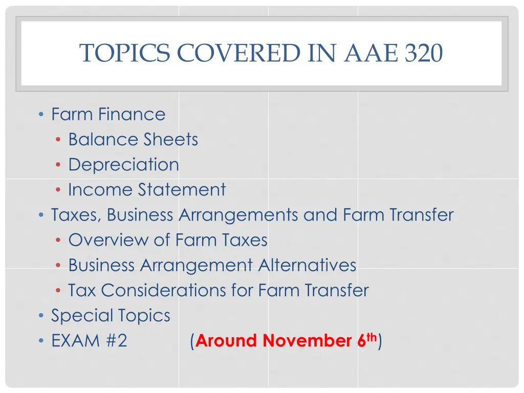 topics covered in aae 320 1
