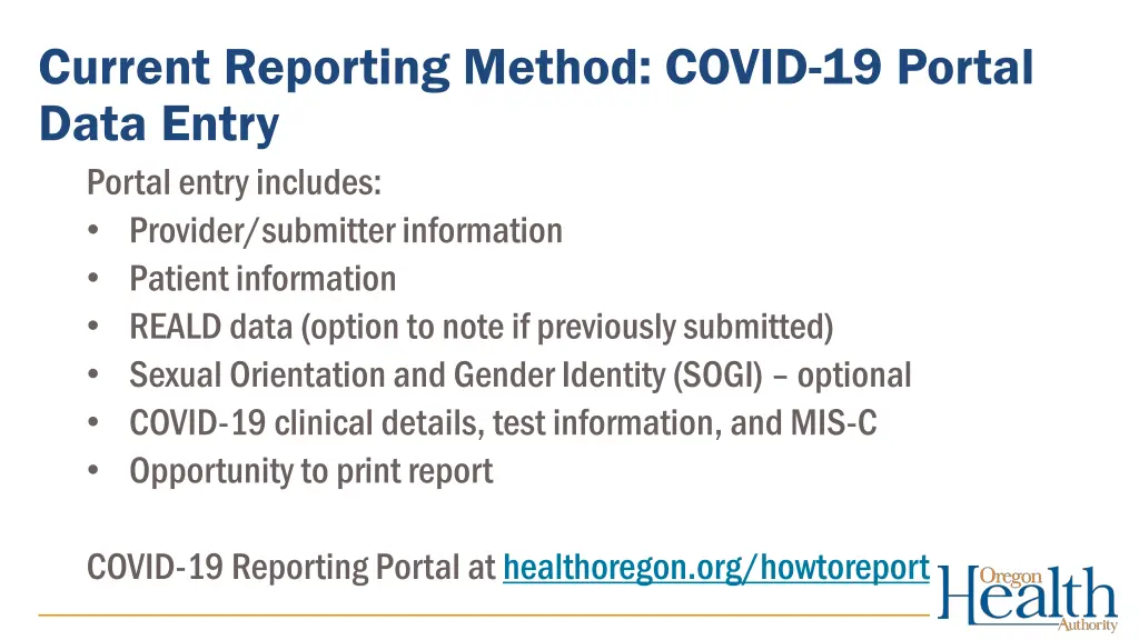 current reporting method covid 19 portal data