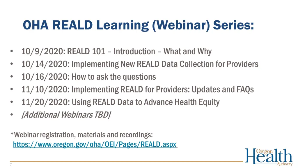 oha reald learning webinar series