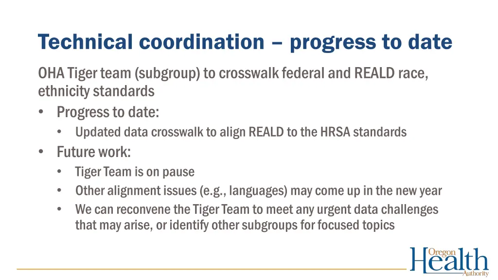 technical coordination progress to date