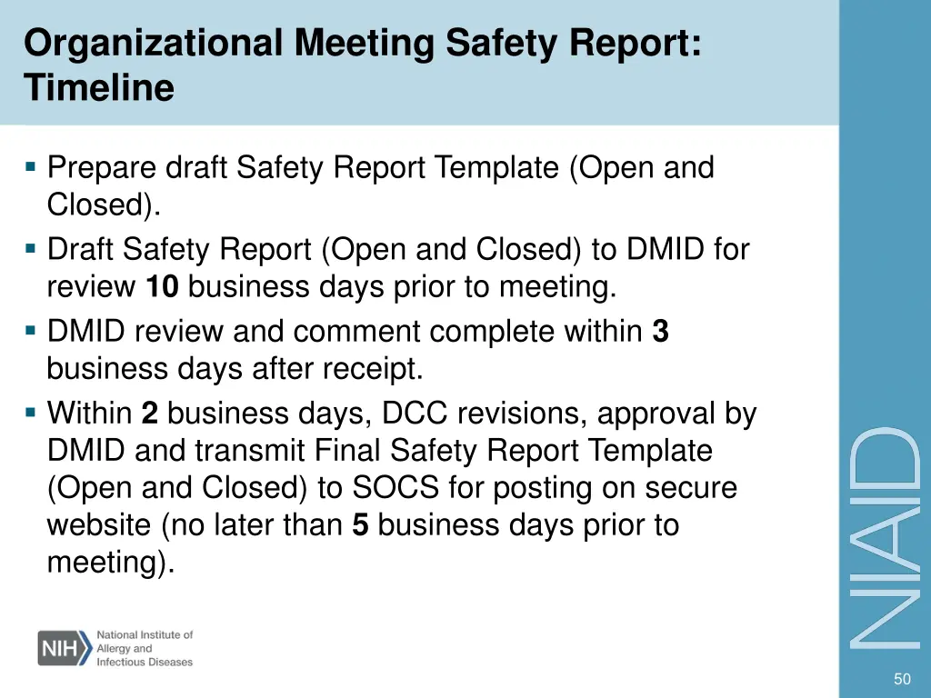 organizational meeting safety report timeline