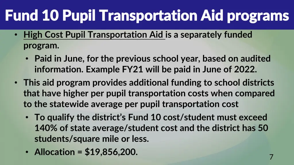 fund 10 pupil transportation aid programs fund 3