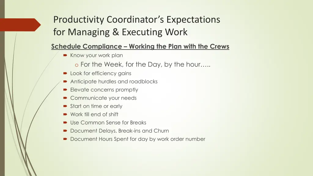 productivity coordinator s expectations