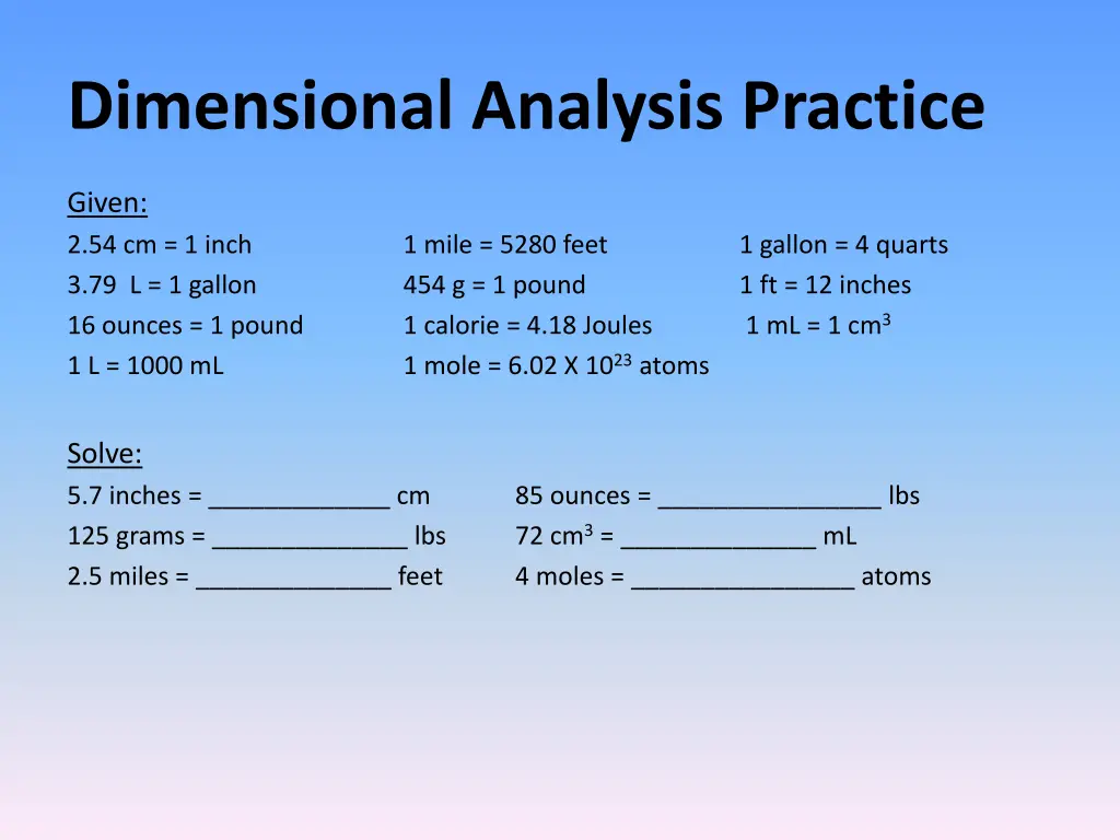 dimensional analysis practice