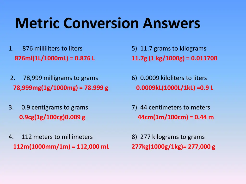 metric conversion answers
