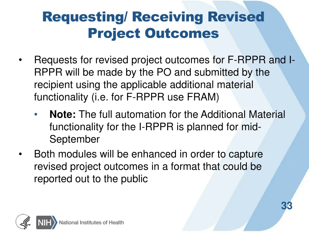 requesting receiving revised project outcomes