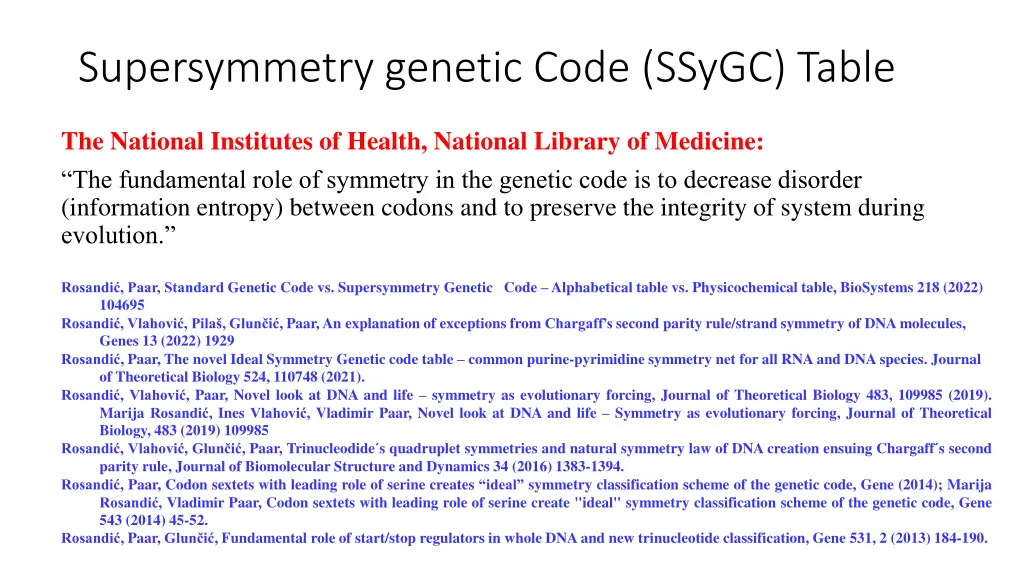 supersymmetry genetic code ssygc table