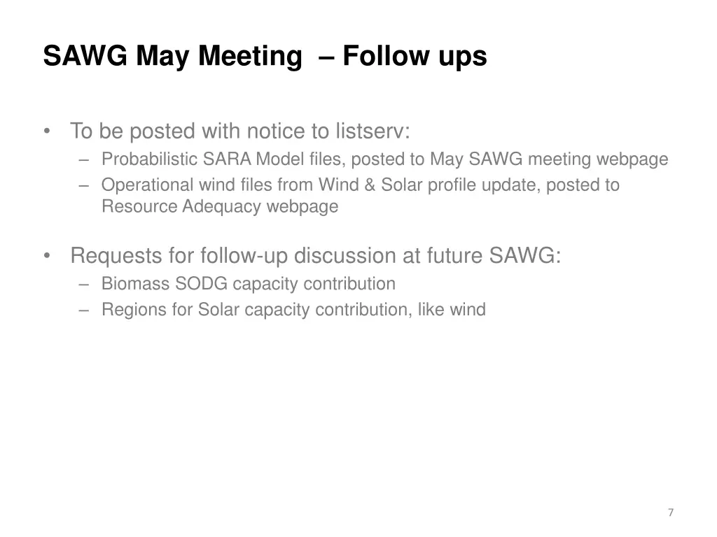 sawg may meeting follow ups