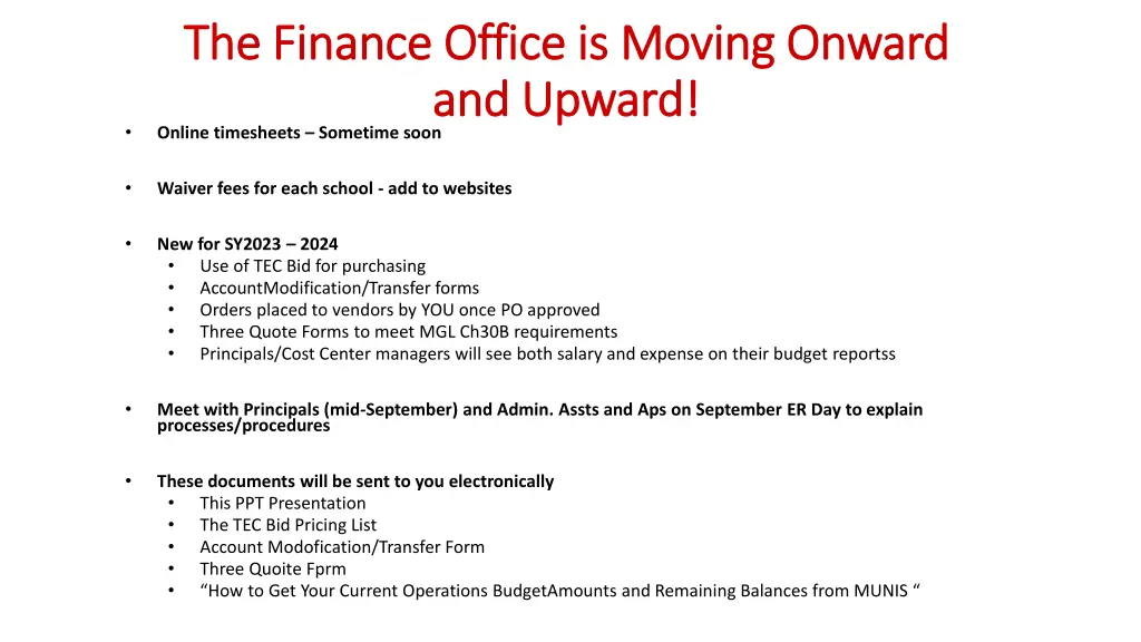 the finance office is moving onward the finance