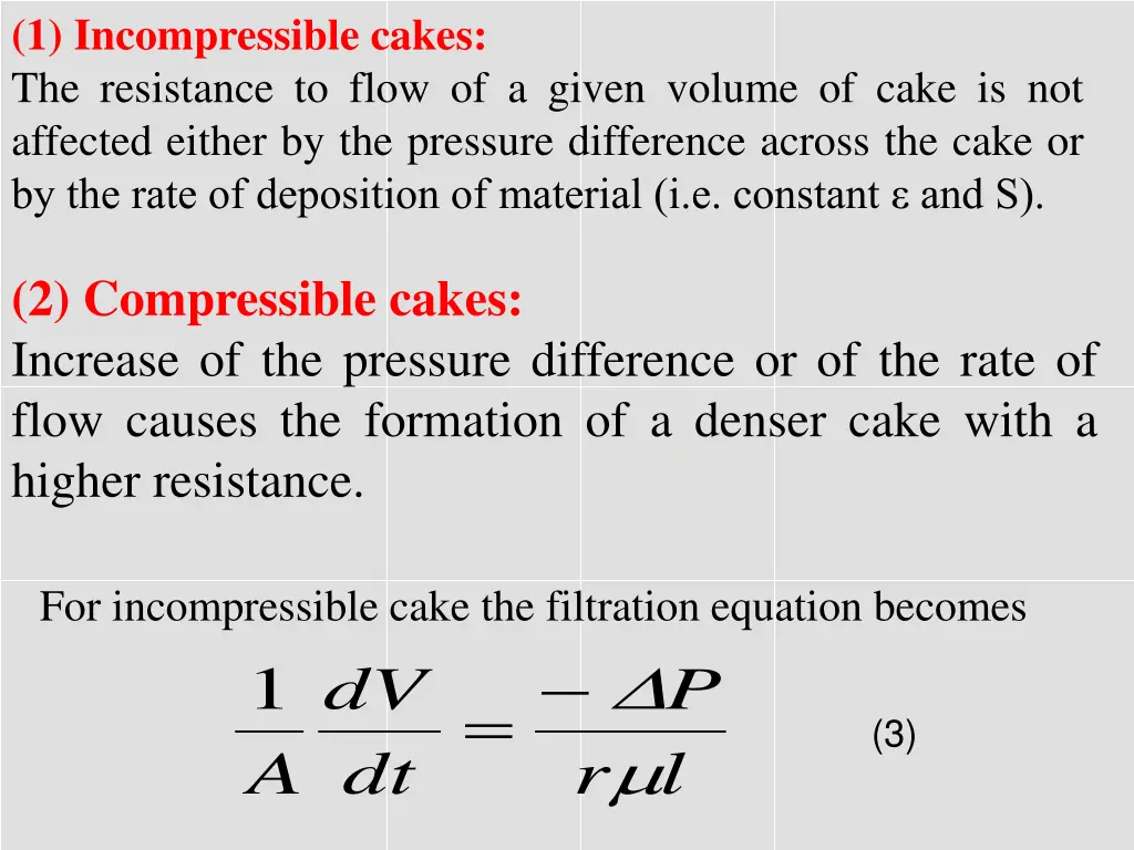 1 incompressible cakes the resistance to flow
