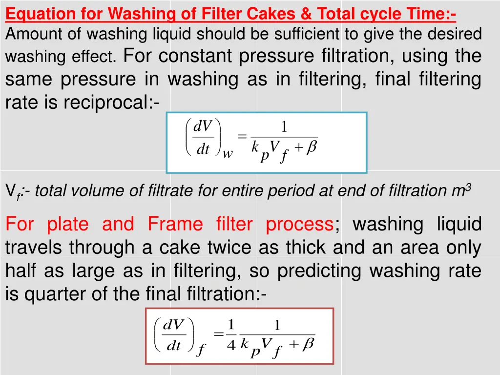 equation for washing of filter cakes total cycle