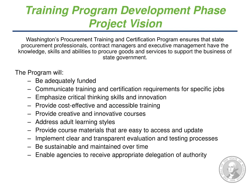 training program development phase project vision