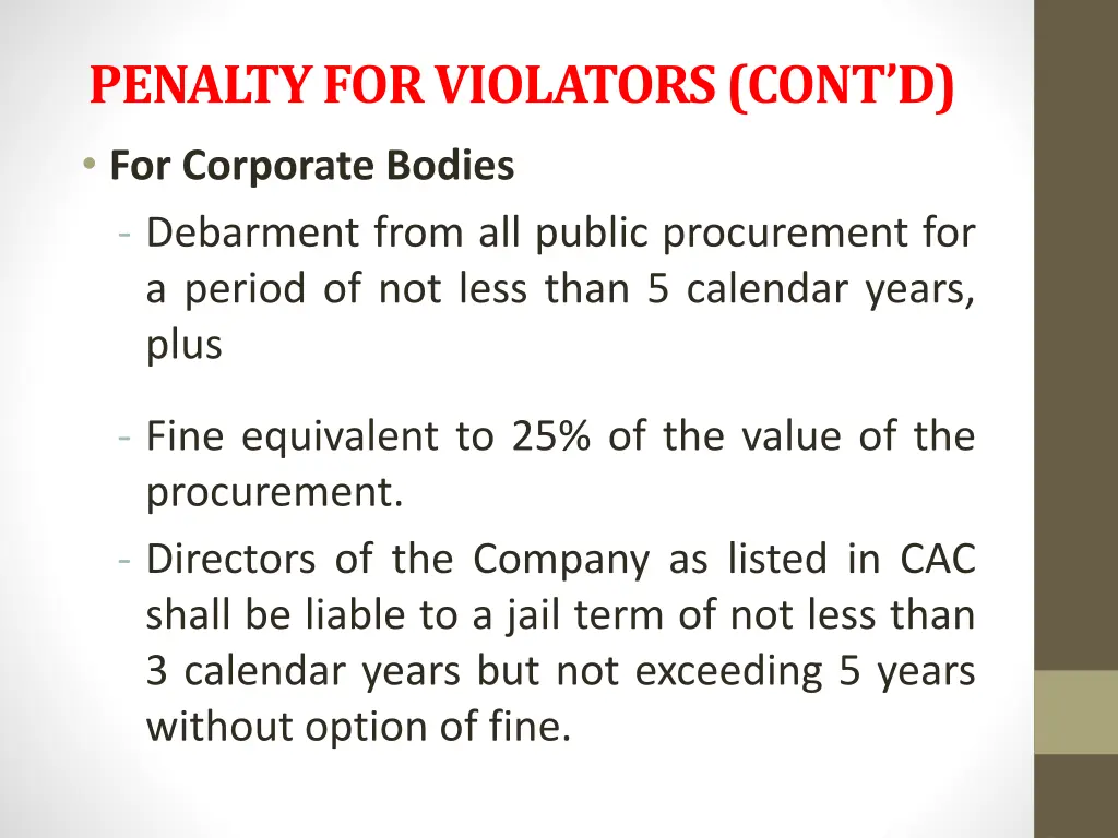 penalty for violators cont d for corporate bodies