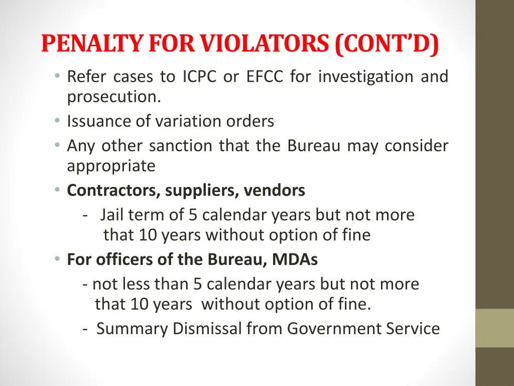 penalty for violators cont d refer cases to icpc
