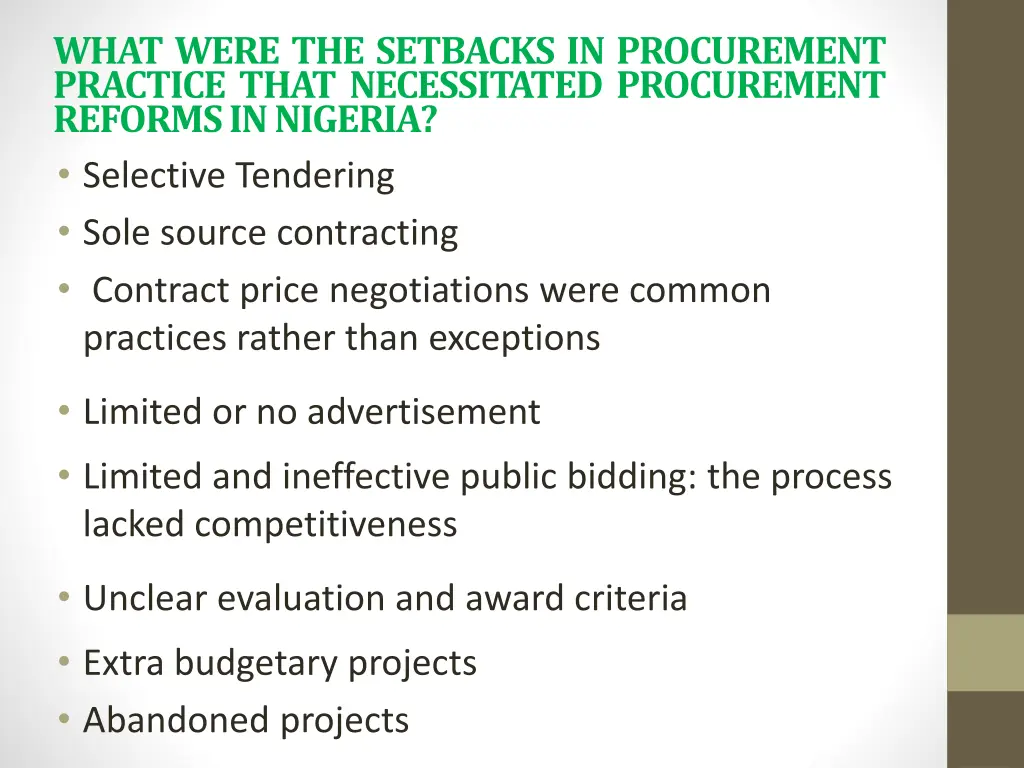 what were the setbacks in procurement practice