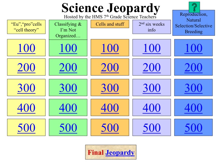 science jeopardy hosted by the hms 7 th grade