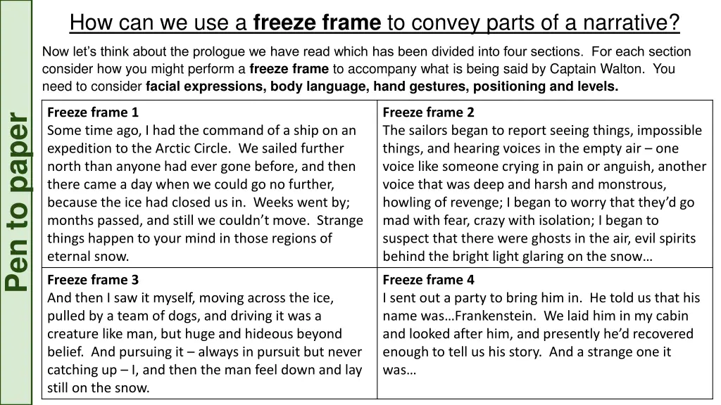 how can we use a freeze frame to convey parts