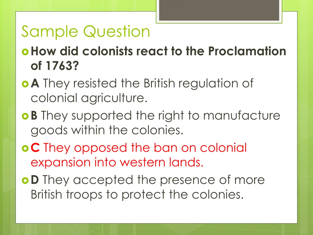 sample question how did colonists react 1