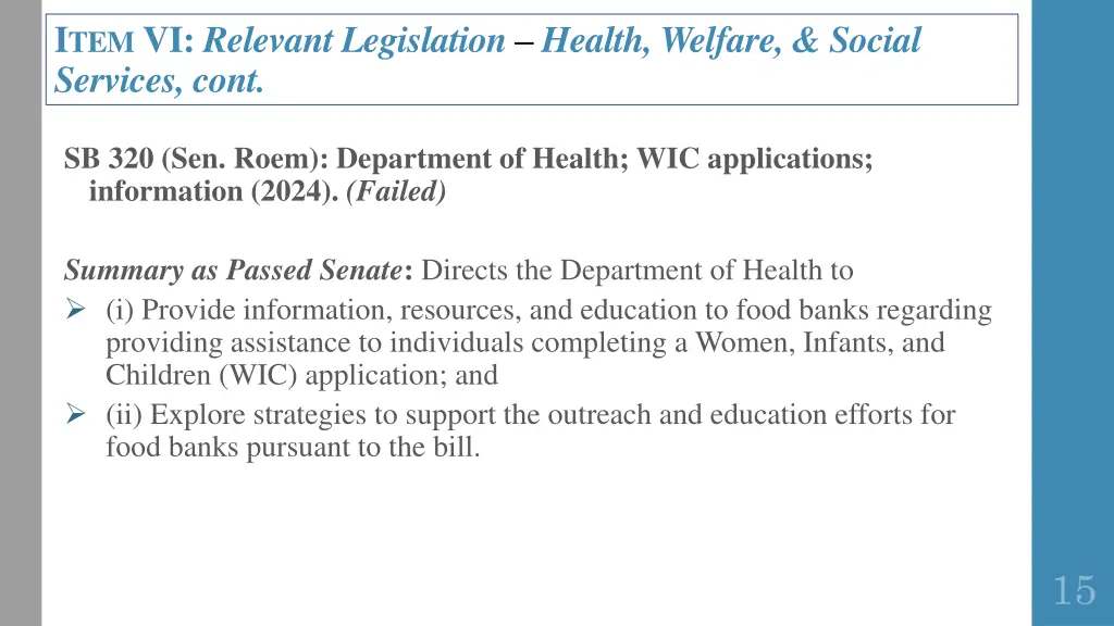 i tem vi relevant legislation health welfare 1