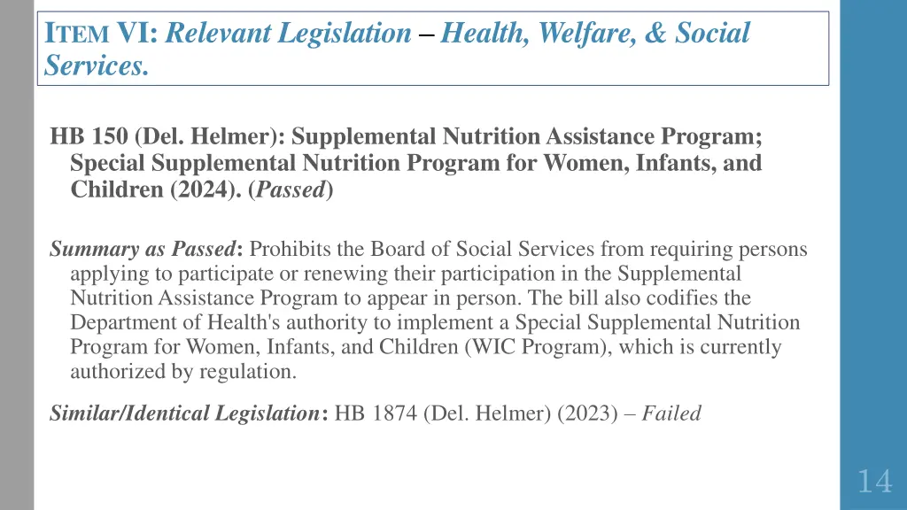i tem vi relevant legislation health welfare