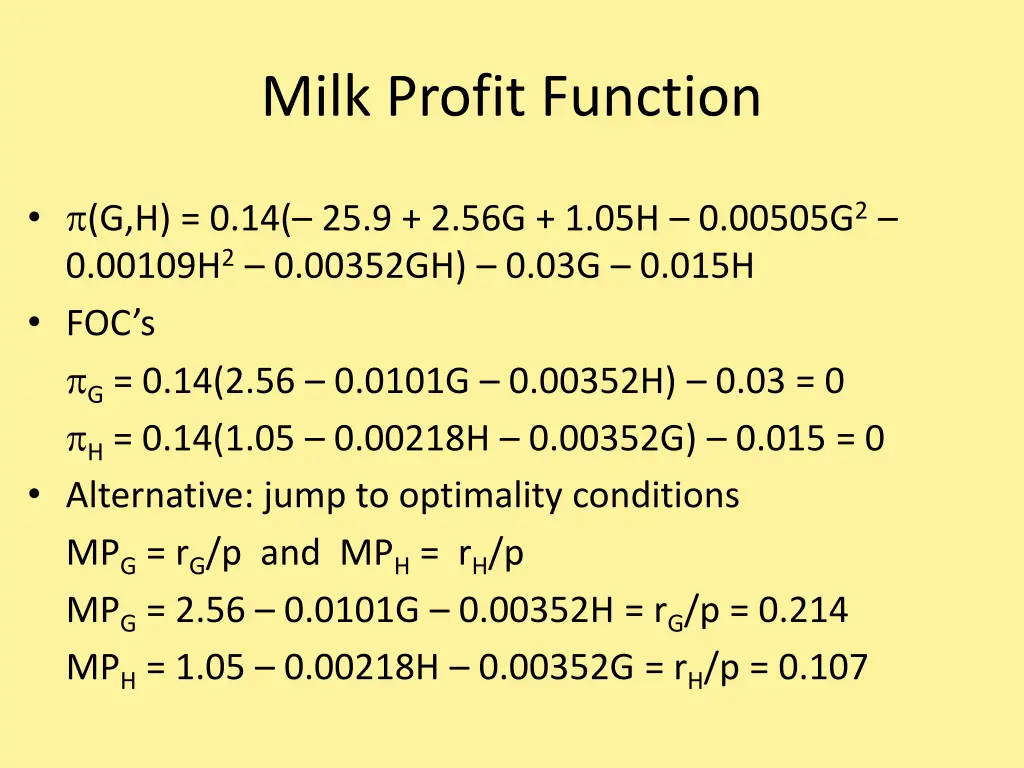 milk profit function