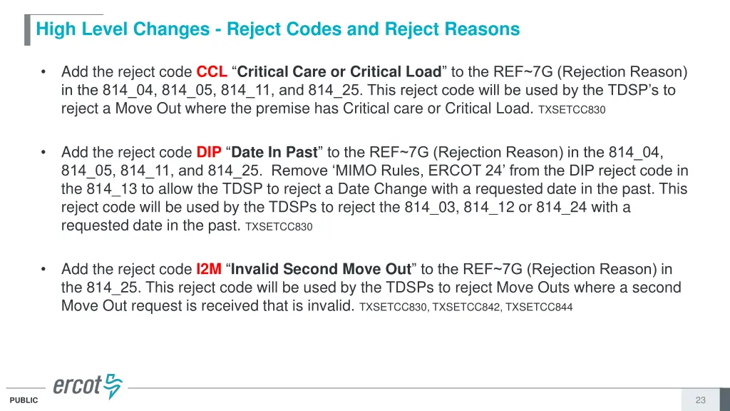 high level changes reject codes and reject reasons 1